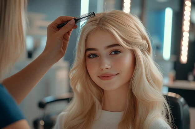 a woman is cutting her hair with a brush