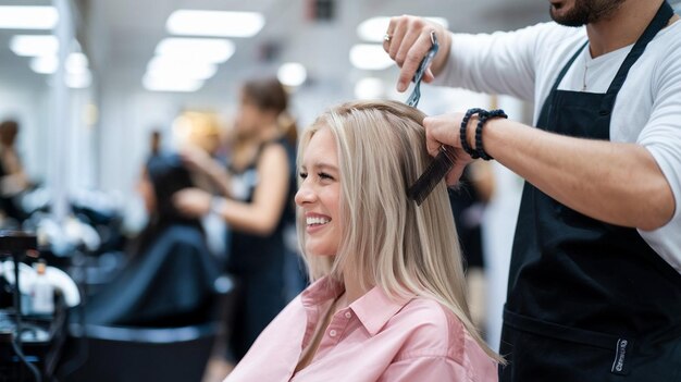 Photo a woman is cutting her hair with a clip on her ear