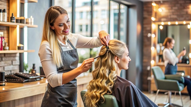 Photo a woman is cutting her hair with a hair clip that says  hair stylist