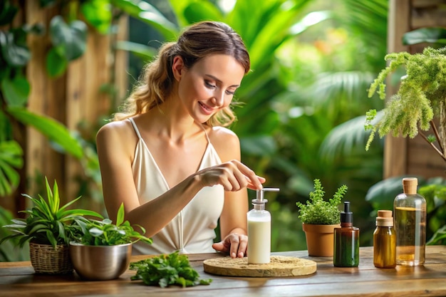 Photo a woman is cutting ingredients in a wooden table with a bottle of parsley