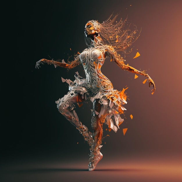 A woman is dancing in a dress with a broken skirt and a broken glass.