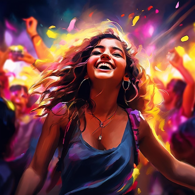 a woman is dancing in front of a colorful background with the words confetti