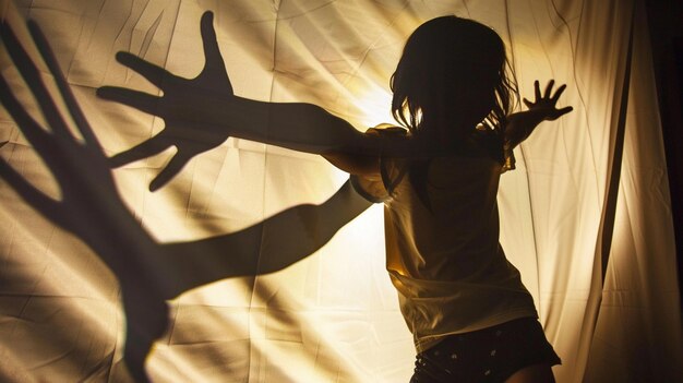 a woman is dancing in front of a flag with her arms stretched out