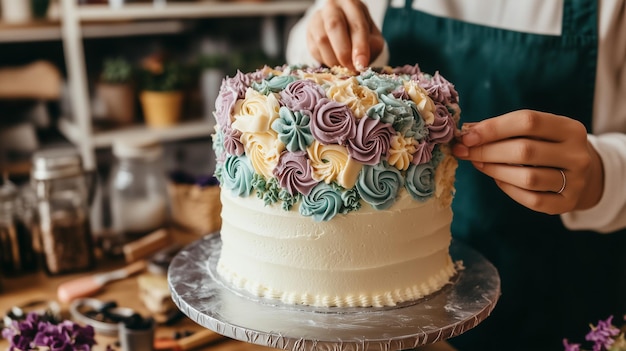 Photo a woman is decorating a cake with flowers and icing