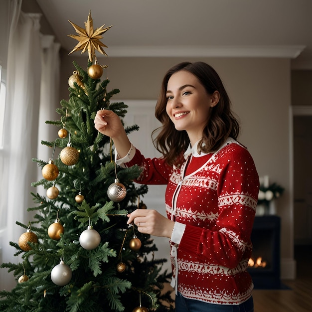 Photo a woman is decorating a christmas tree with a gold star on it