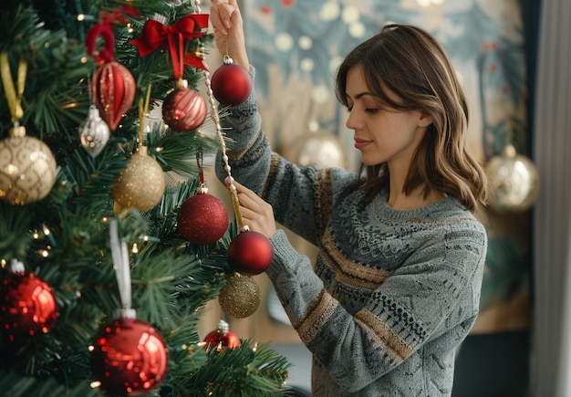 a woman is decorating a christmas tree with a red ornament