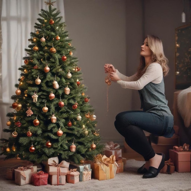 Photo a woman is decorating a christmas tree with a string of lights