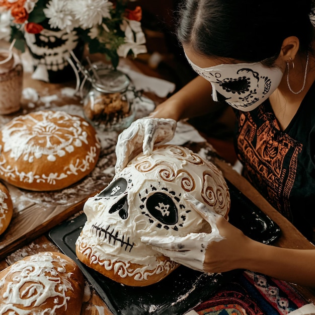 Photo a woman is decorating a skull with a mask on it