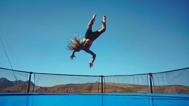 Photo a woman is doing a backflip on a trampoline