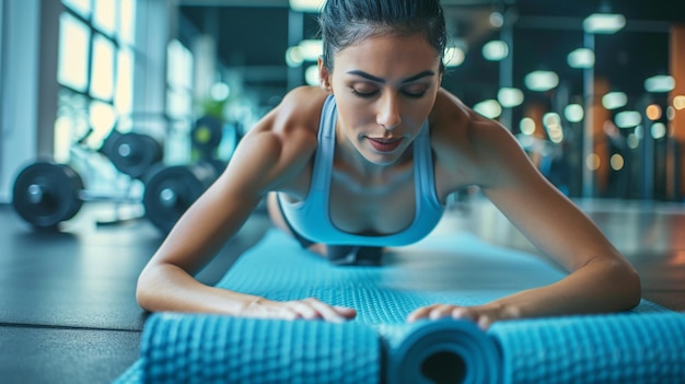 Photo a woman is doing exercise on a mat in a gym