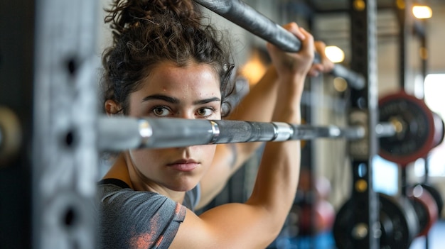 Photo a woman is doing exercise with a barbell that says quot she is doing exercises quot