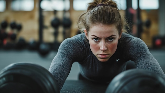 Photo a woman is doing push ups in a gym