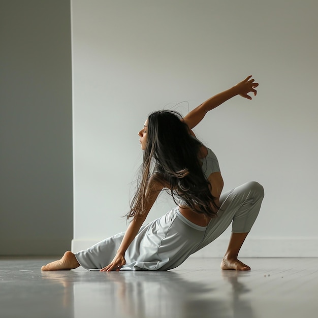 a woman is doing yoga on a floor with her arms outstretched