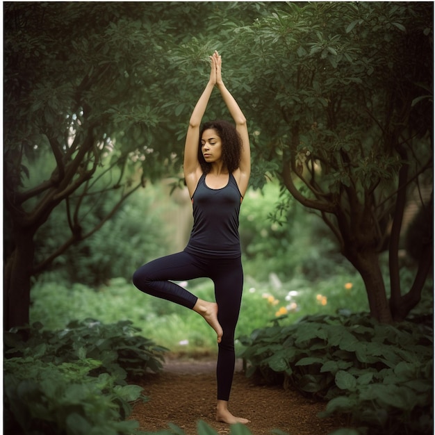 A woman is doing yoga in a park with trees in the background.