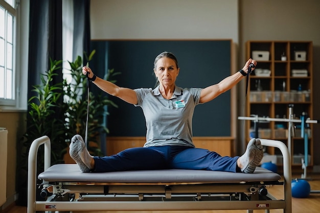 Photo a woman is doing yoga with her arms raised