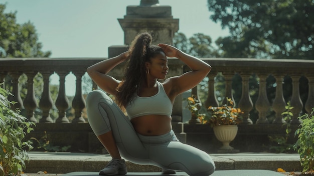 a woman is doing yoga with her hands behind her head