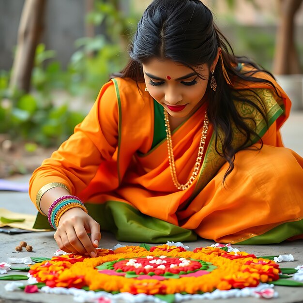 Photo a woman is drawing a flower with a flower in the middle