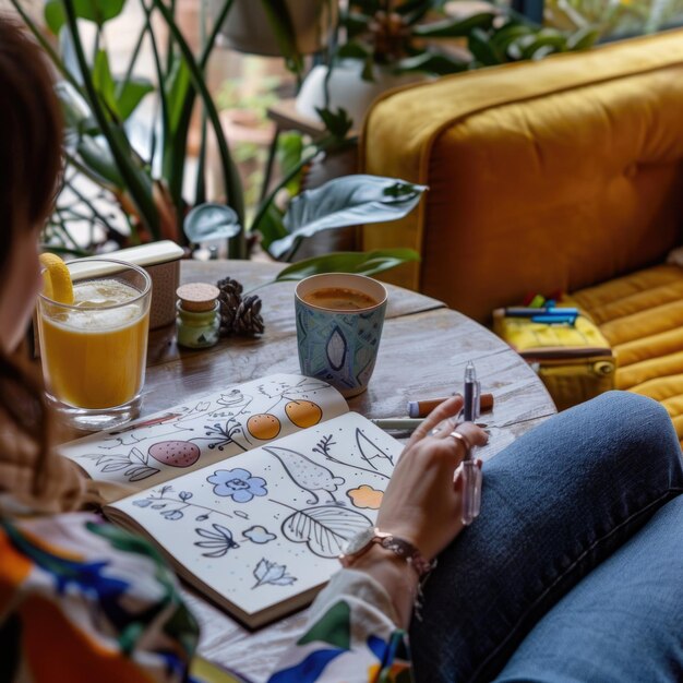 Photo a woman is drawing a picture of a cup of coffee and a book with the word  on it