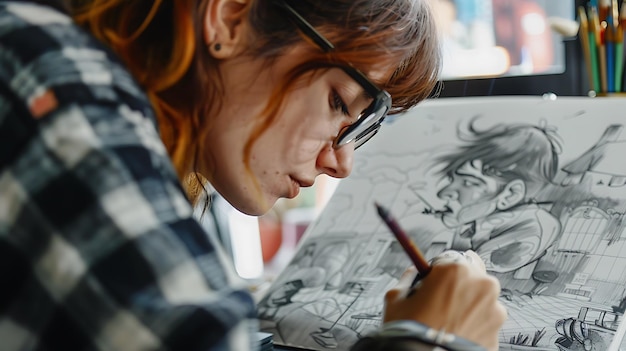 Photo a woman is drawing a picture of a woman with glasses