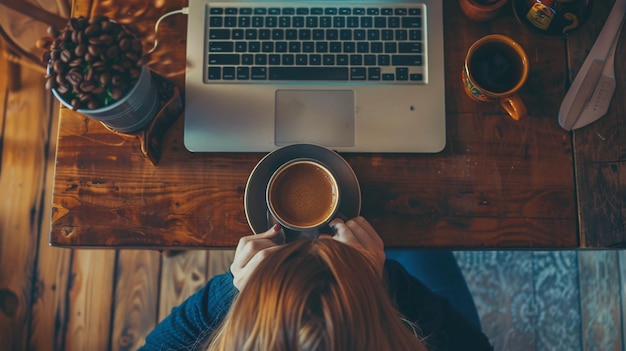 Photo a woman is drinking coffee and looking at a laptop