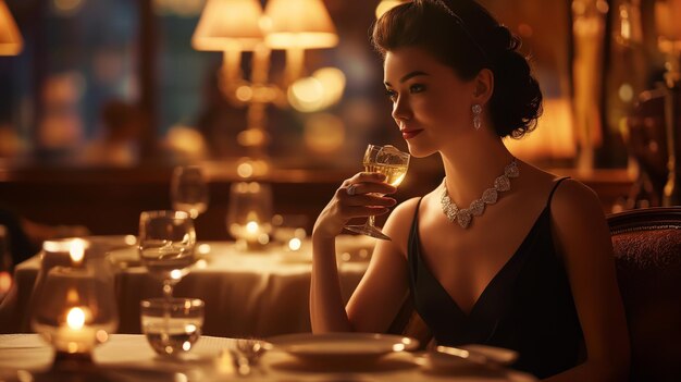 Photo a woman is drinking a glass of wine in a restaurant