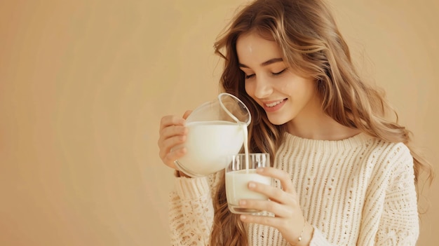 a woman is drinking milk from a glass with a straw