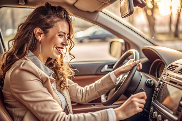 A woman is driving a car and smiling