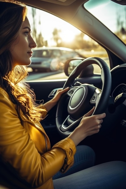 A woman is driving a car with her hands on the steering wheel She is wearing a yellow jacket and jeans