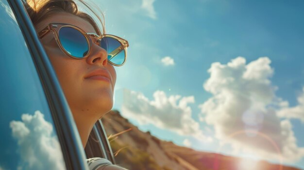 A woman is driving in a car with her sunglasses on and smiling The sky is blue with some clouds and the sun is shining brightly Scene is happy and relaxed