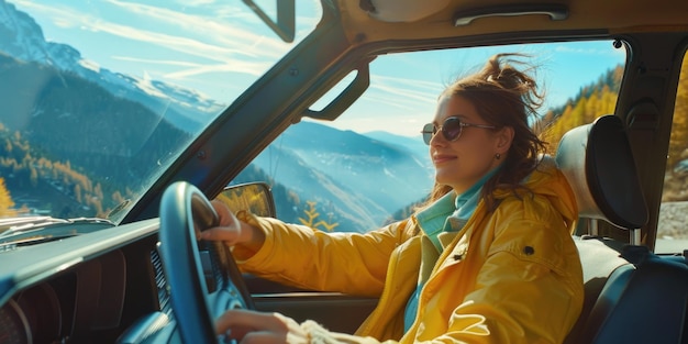 A woman is driving a car with a yellow jacket on