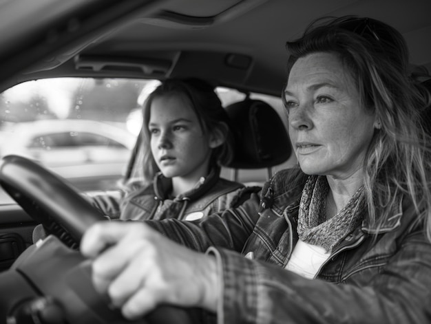 A woman is driving a car with a young girl in the passenger seat