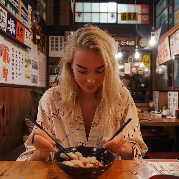 Photo a woman is eating a bowl of sushi and chopsticks