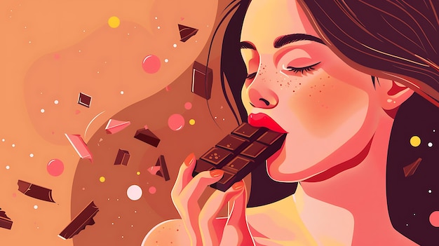 a woman is eating a chocolate bar with a pink background