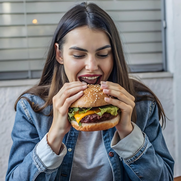 Photo a woman is eating a hamburger with a hamburger in her mouth