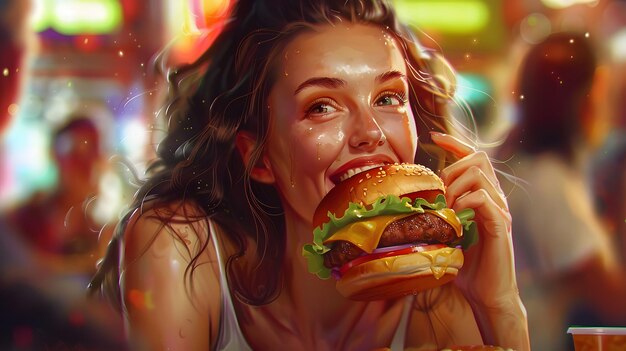 a woman is eating a hamburger with a large hamburger in her mouth