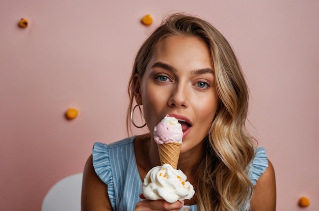 Photo a woman is eating an ice cream cone with a pink background