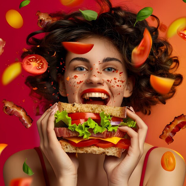 Photo a woman is eating a large sandwich with many condiments on it