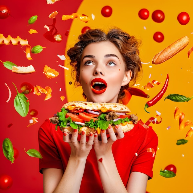 Photo a woman is eating a large sandwich with the word salad on it