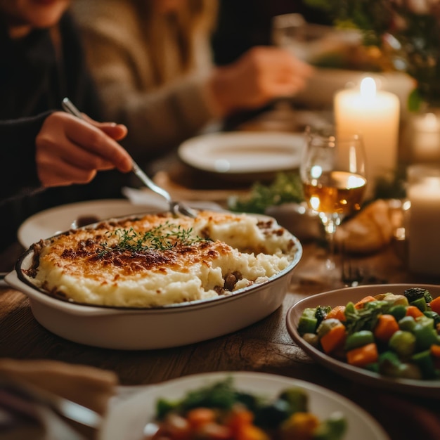 a woman is eating a meal with a fork and a plate of food