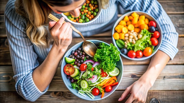 Photo a woman is eating a meal with a plate of food with a spoon