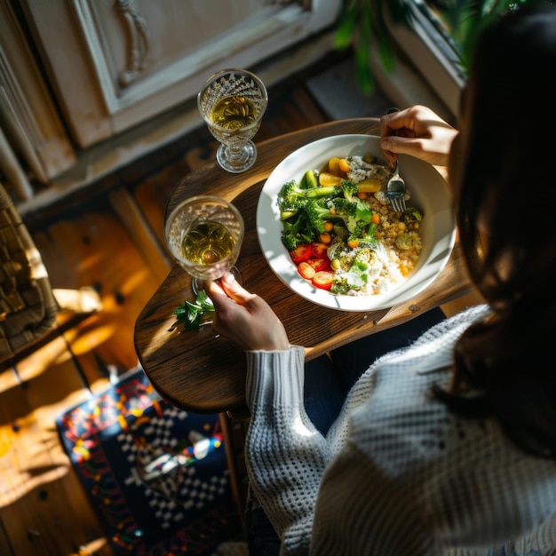 a woman is eating a meal with a plate of salad and a glass of water