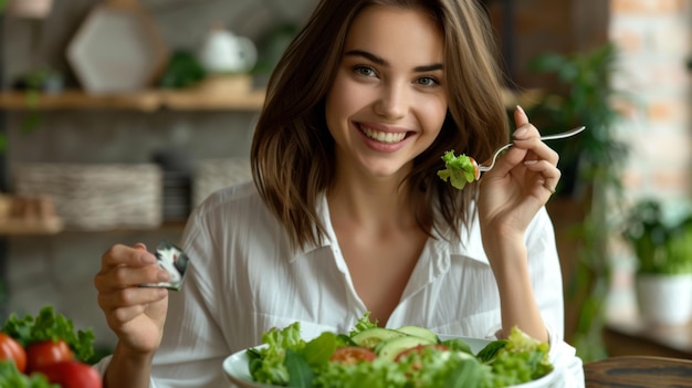 Photo a woman is eating a salad with a fork