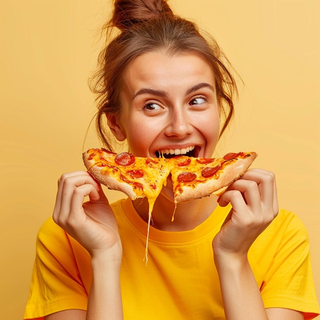 Photo a woman is eating a slice of pizza with a yellow shirt that says  the word pizza