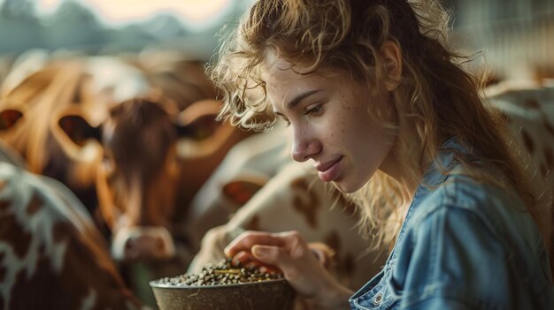 a woman is eating some food from a bowl with a cow in the background