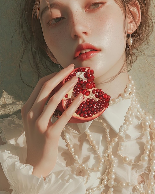 a woman is eating a strawberry with a white shirt that says  donut