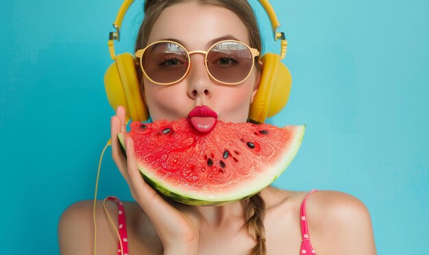 Photo a woman is eating a watermelon with yellow headphones