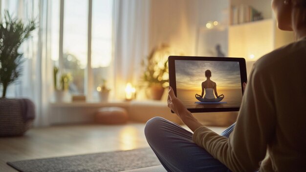 Photo woman is engaged in a virtual yoga class from a tablet seated comfortably in a tranquil living room