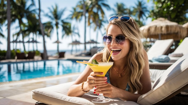 Photo a woman is enjoying a cocktail by the pool