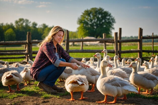 a woman is feeding ducks in a farm with a fence in the background