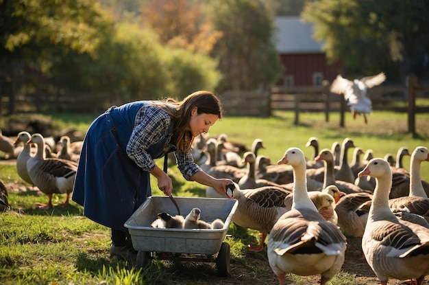 a woman is feeding ducks in a field with a barn in the background